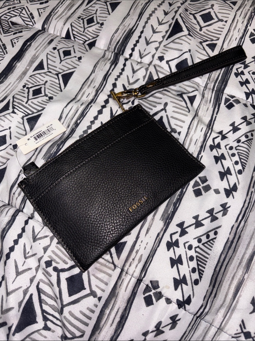 Fossil Black Pebbled Leather Wristlet with Gold Hardware